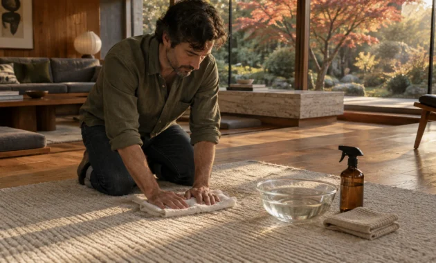 A man kneeling on a textured area rug blurs water with a towel beside a glass bowl and spray bottle.