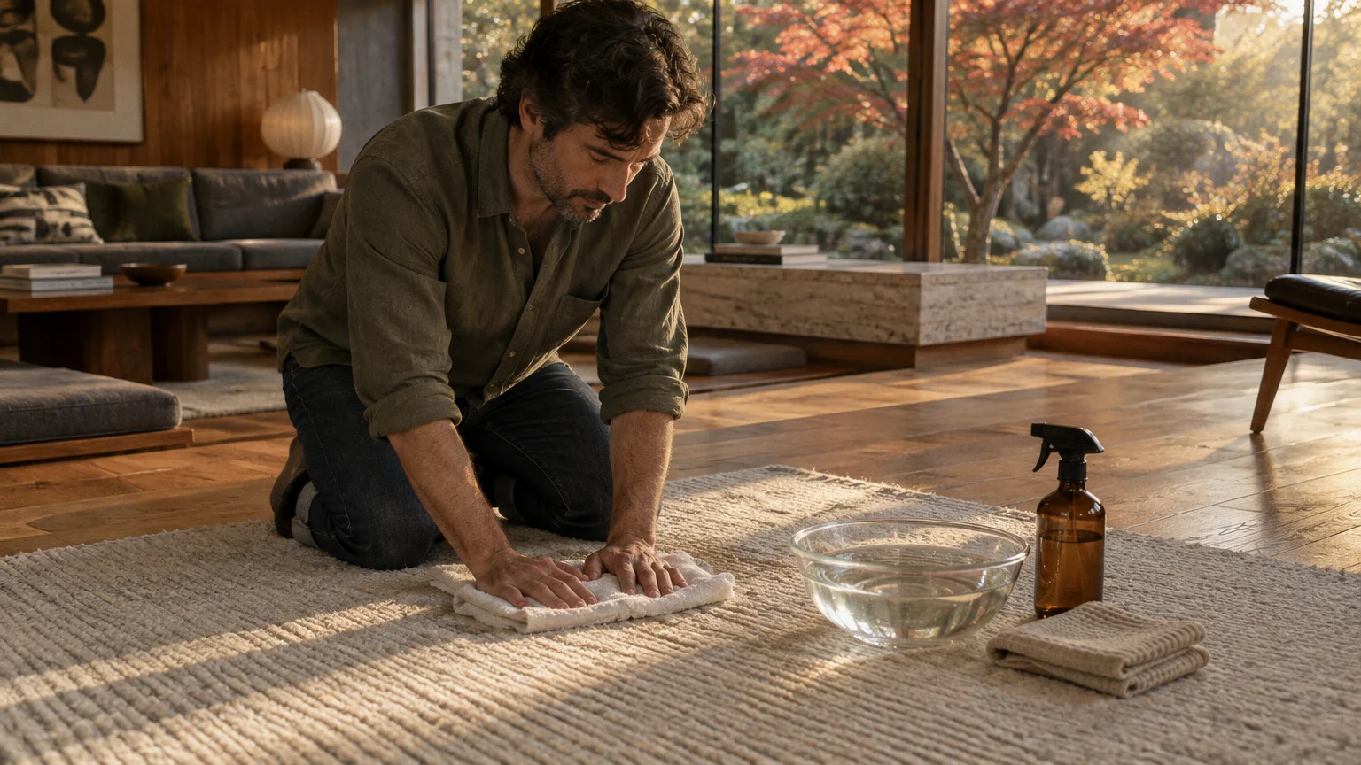 A man kneeling on a textured area rug blurs water with a towel beside a glass bowl and spray bottle.
