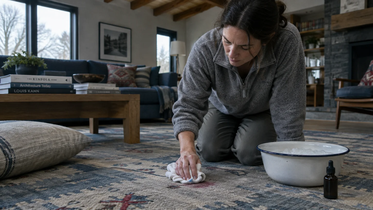 A woman kneels on an ornate living room rug, dabbing a red stain with a white cloth next to a water bowl.