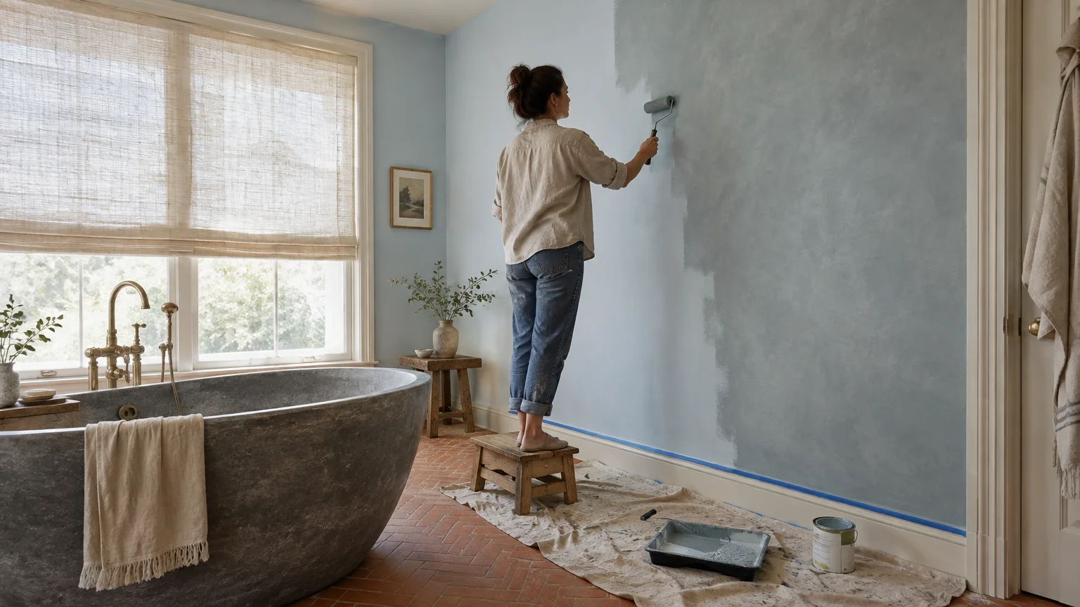 A woman stands on a wooden stool painting a bathroom wall gray over a light blue surface beside a stone tub.