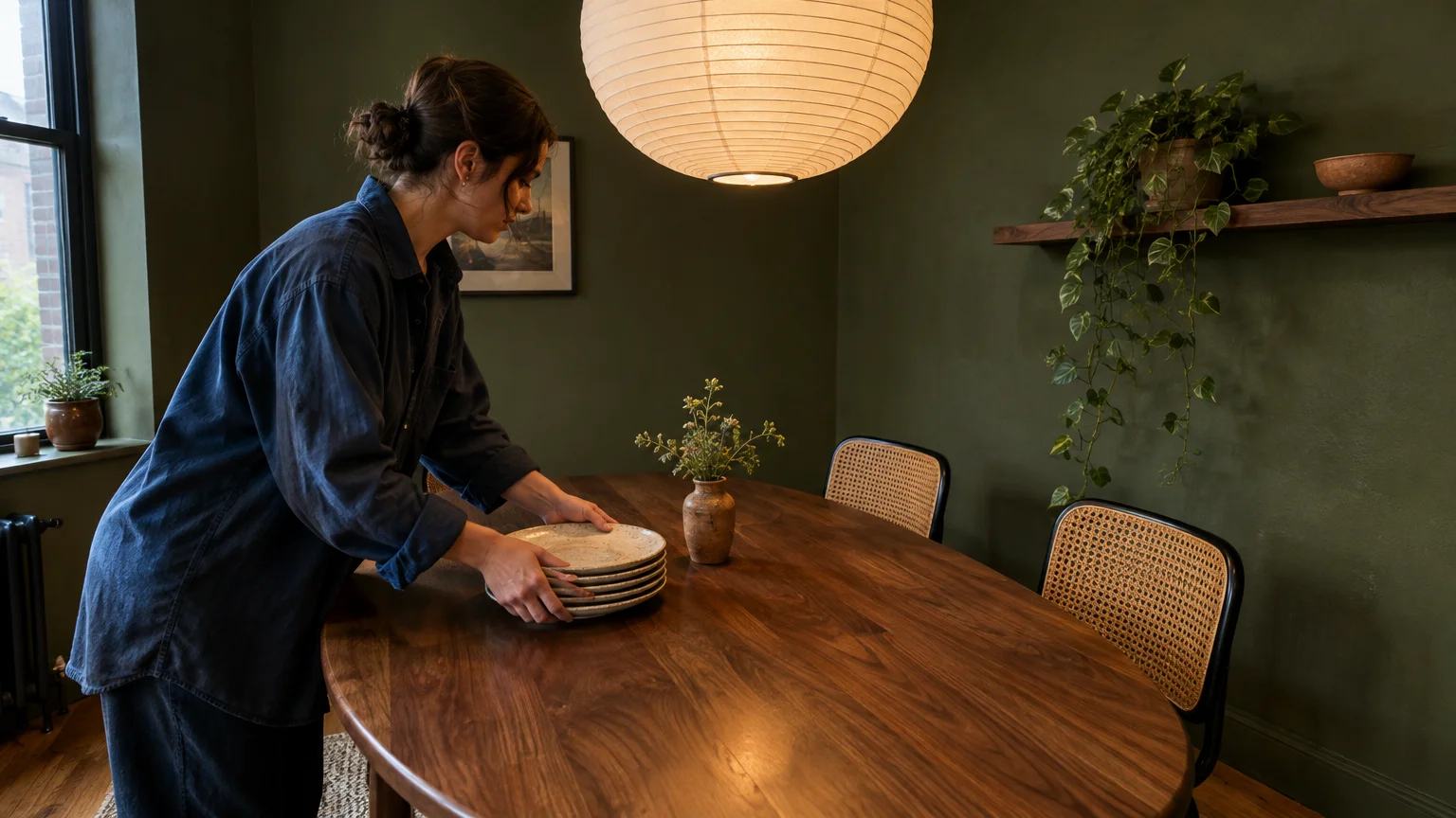 A woman sets ceramic plates on an oval wooden dining table surrounded by cane chairs and dark green walls.