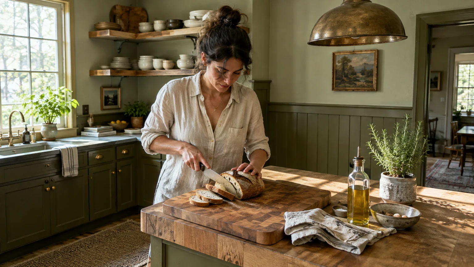 A woman slices bread on a wooden island in a kitchen featuring olive green cabinets and sage green walls.