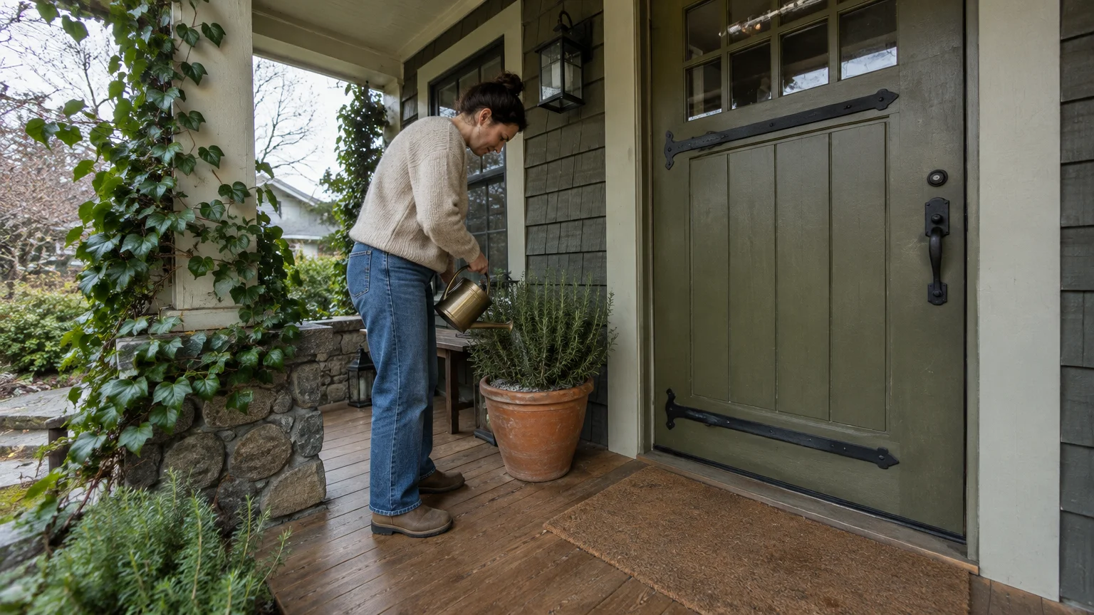 A woman on a wooden porch waters a potted plant next to an olive green front door with black hardware.