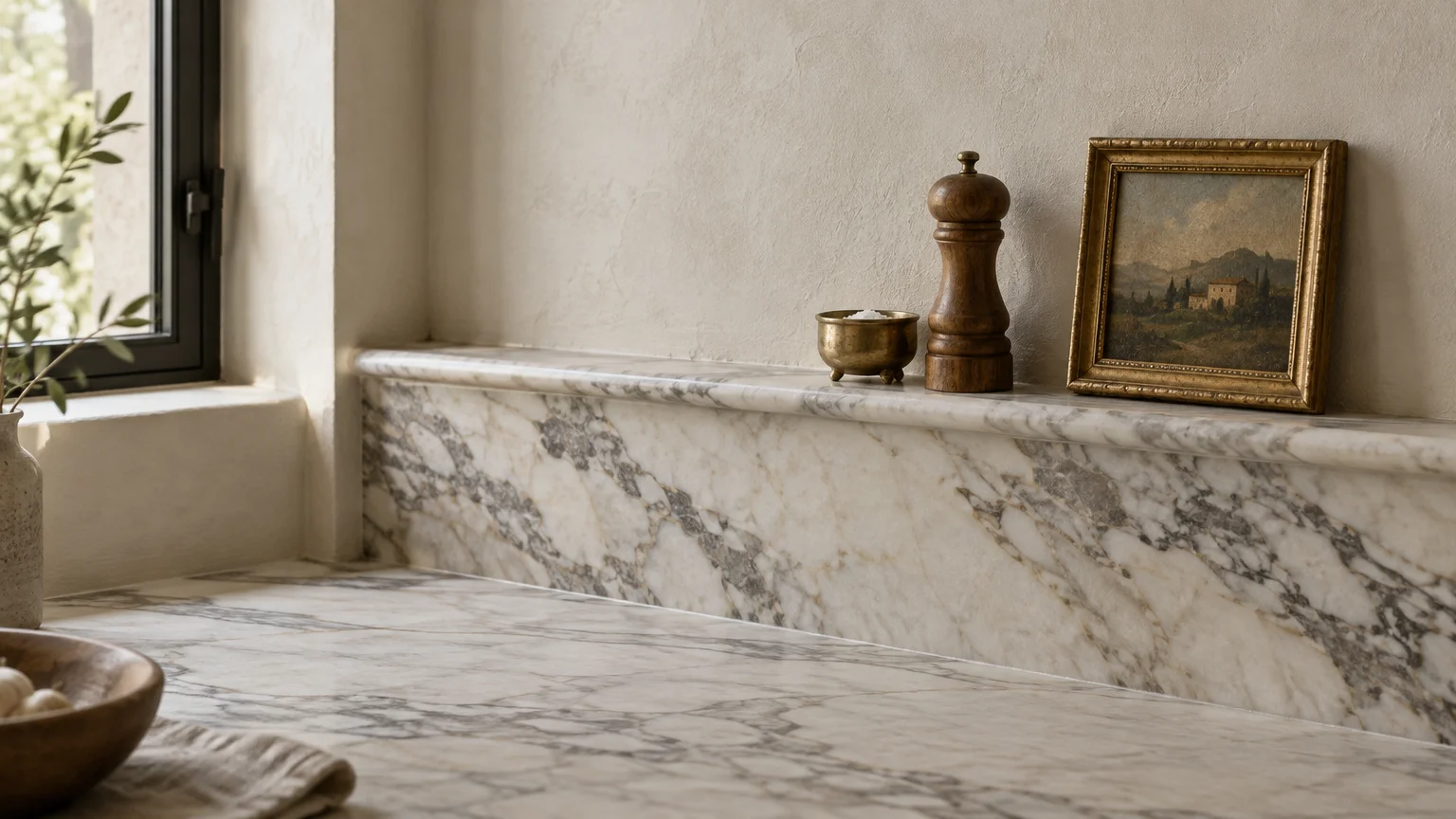 Marble kitchen countertop with a low marble backsplash shelf holding a salt cellar, pepper grinder, and framed painting.