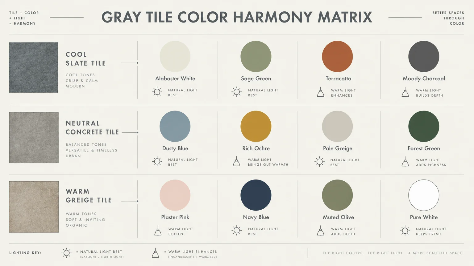 Color harmony chart matching cool slate, neutral concrete, and warm greige tiles with coordinating paint color swatches.