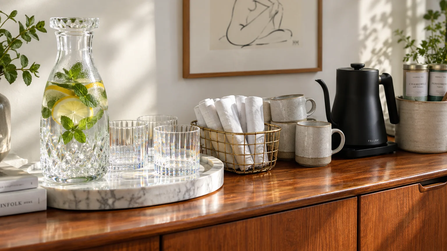 Drink station on a wooden sideboard with an infused water carafe, glasses on a marble tray, napkins, mugs, and a black kettle.