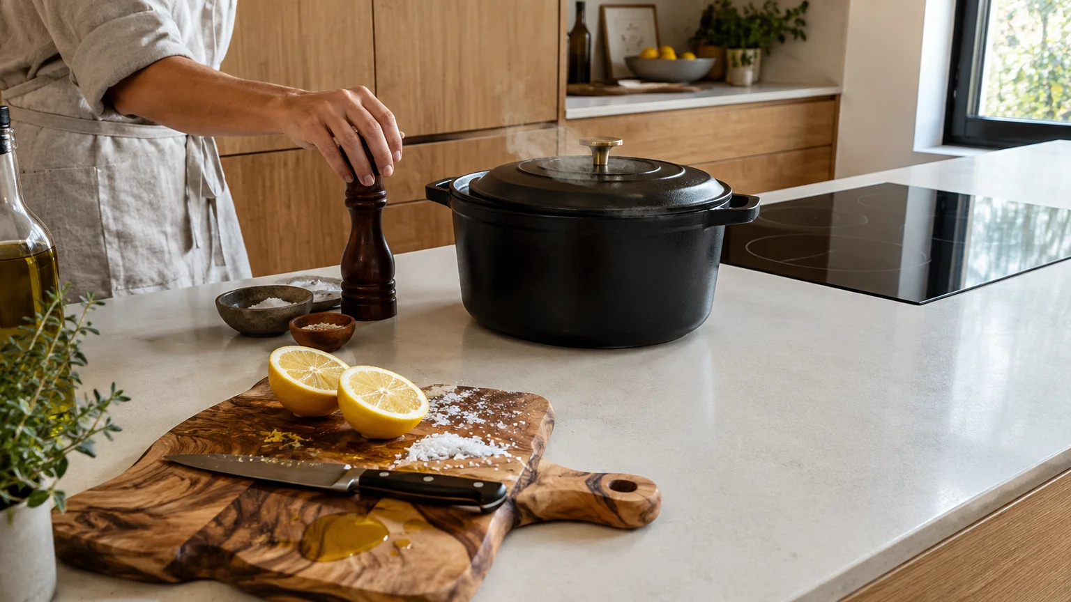 Steaming black Dutch oven and wooden cutting board with lemons on a white kitchen island countertop.
