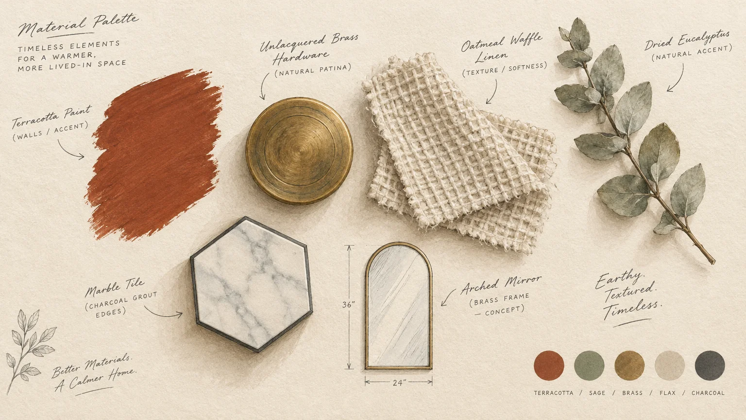 Mood board illustration with paint swatches, brass hardware, waffle linen, marble tile, and an arched mirror sketch.