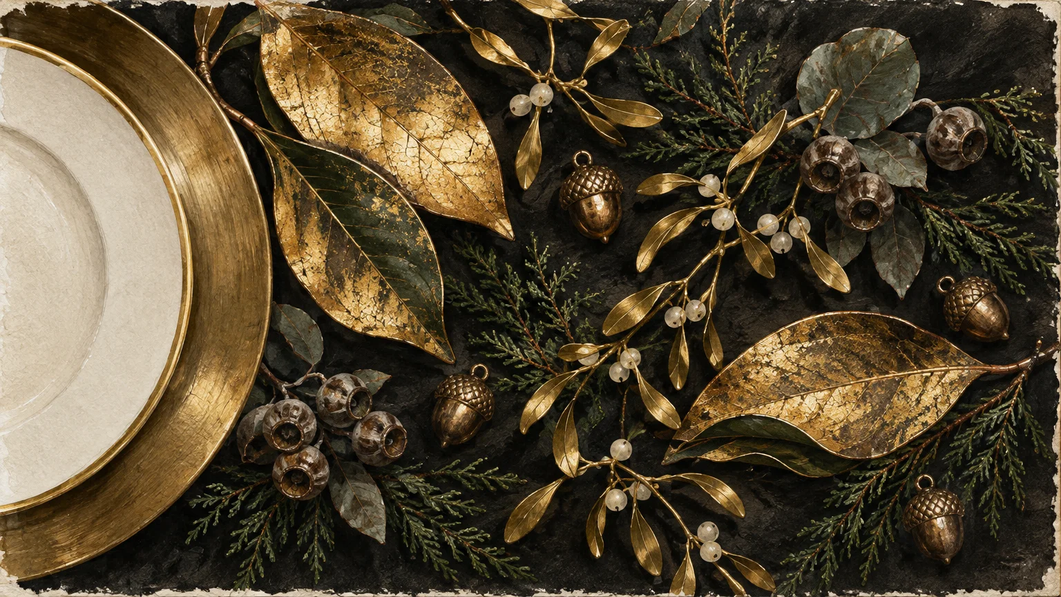 Overhead watercolor illustration of a gold charger plate, gilded leaves, metallic mistletoe, and greenery on dark texture.