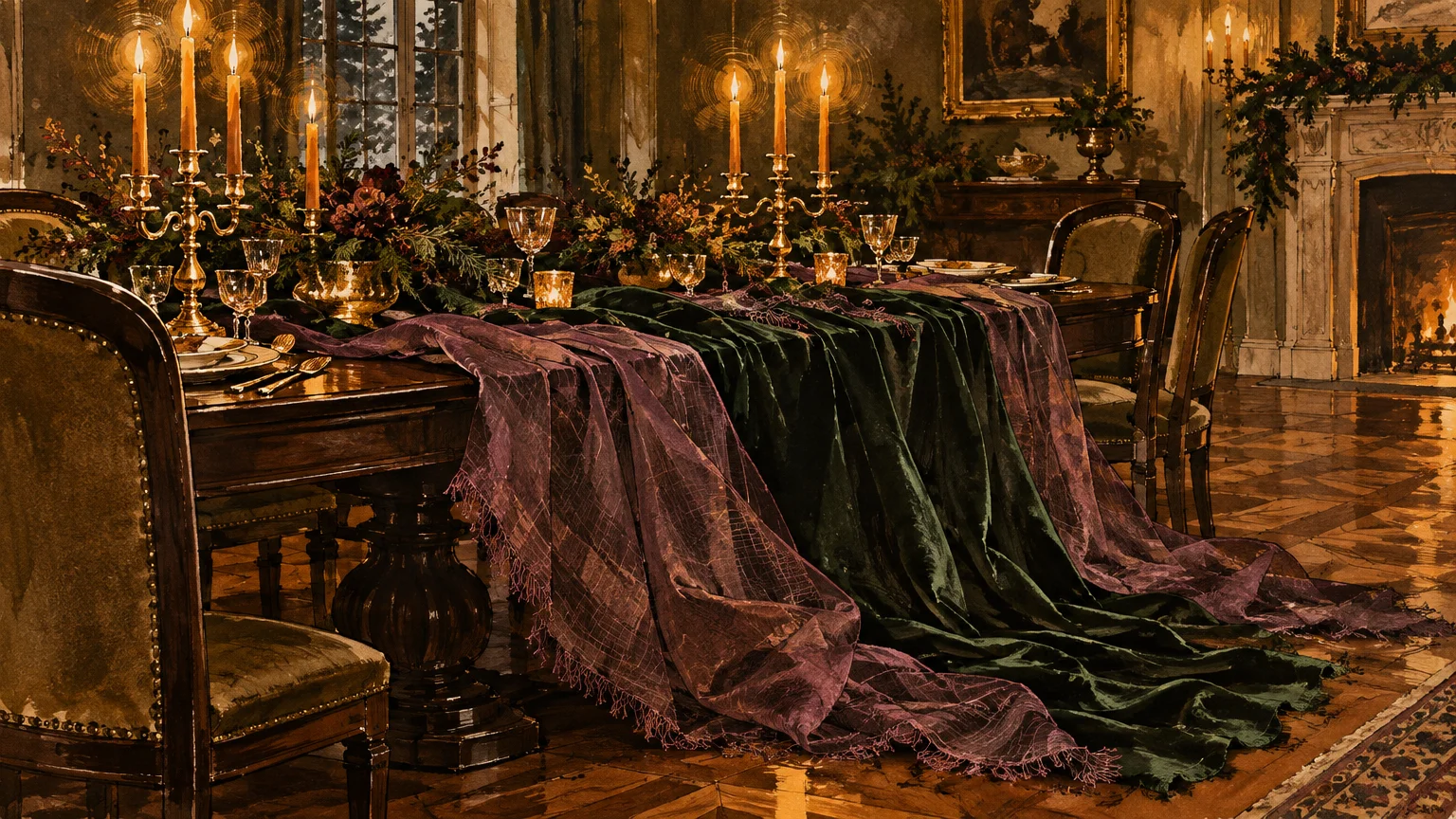 Illustration of a holiday dining table draped with pooling dark green velvet and sheer purple fabrics under lit candelabras.