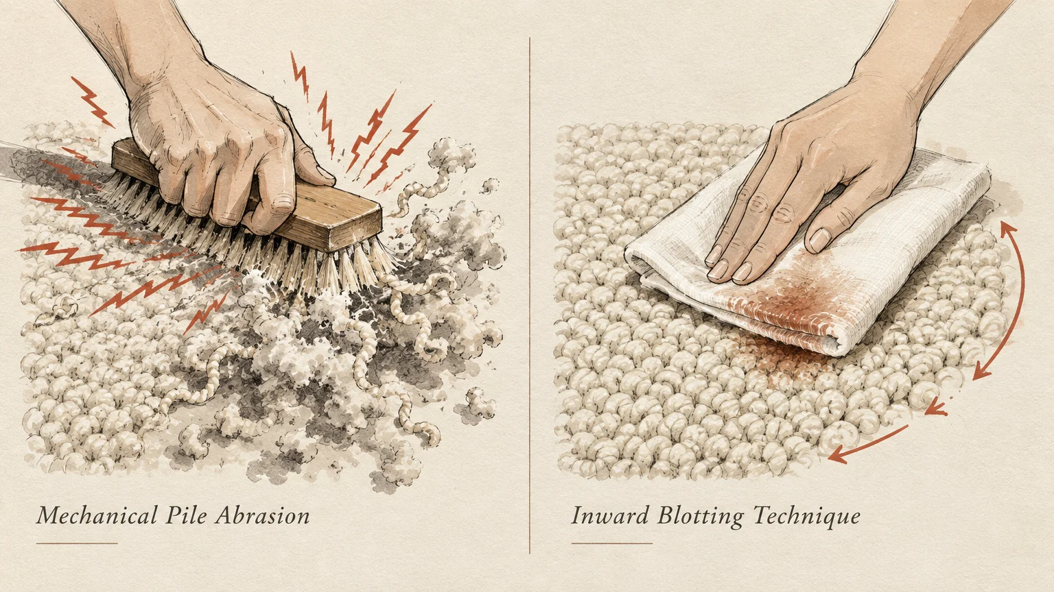 Illustration comparing abrasive brush scrubbing against gentle cloth blotting on textured carpet fibers.