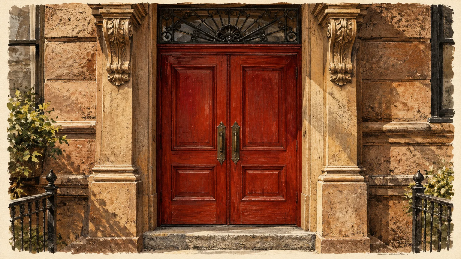 Illustration of rich red double doors set in an ornate stone entrance with decorative carved corbels and transom.