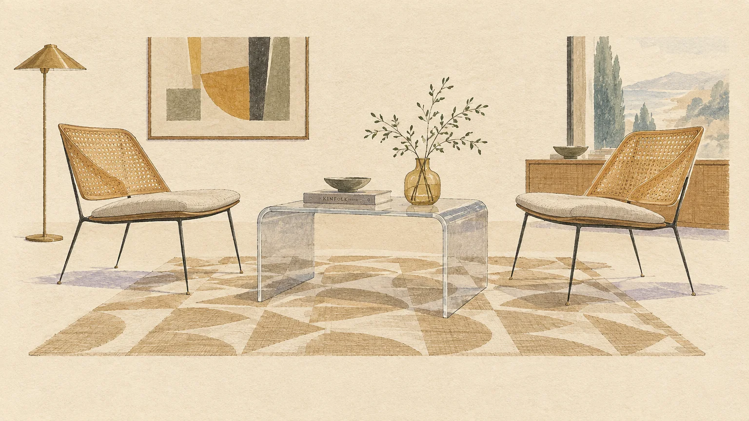 Illustration of two woven chairs on slender legs flanking a clear acrylic coffee table on a geometric rug.