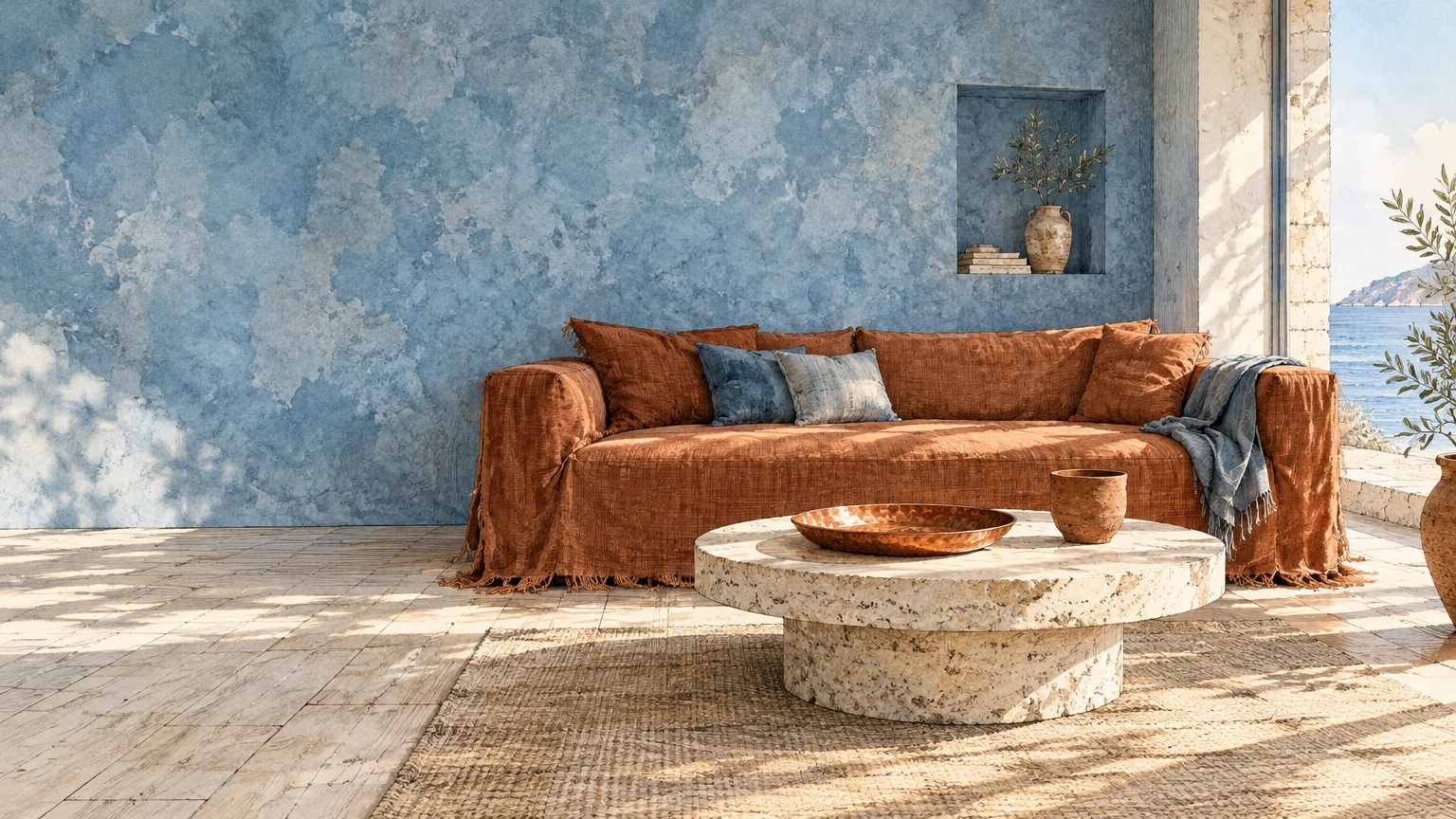 Rust-colored sofa against a textured blue accent wall on a stone patio overlooking the sea.