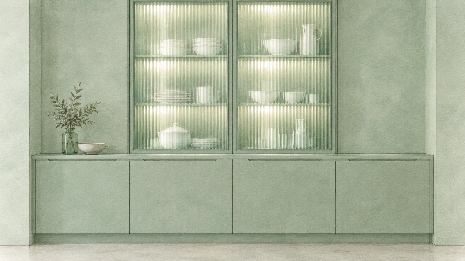 Watercolor illustration of a celadon green kitchen sideboard and lit upper cabinet with fluted glass doors.