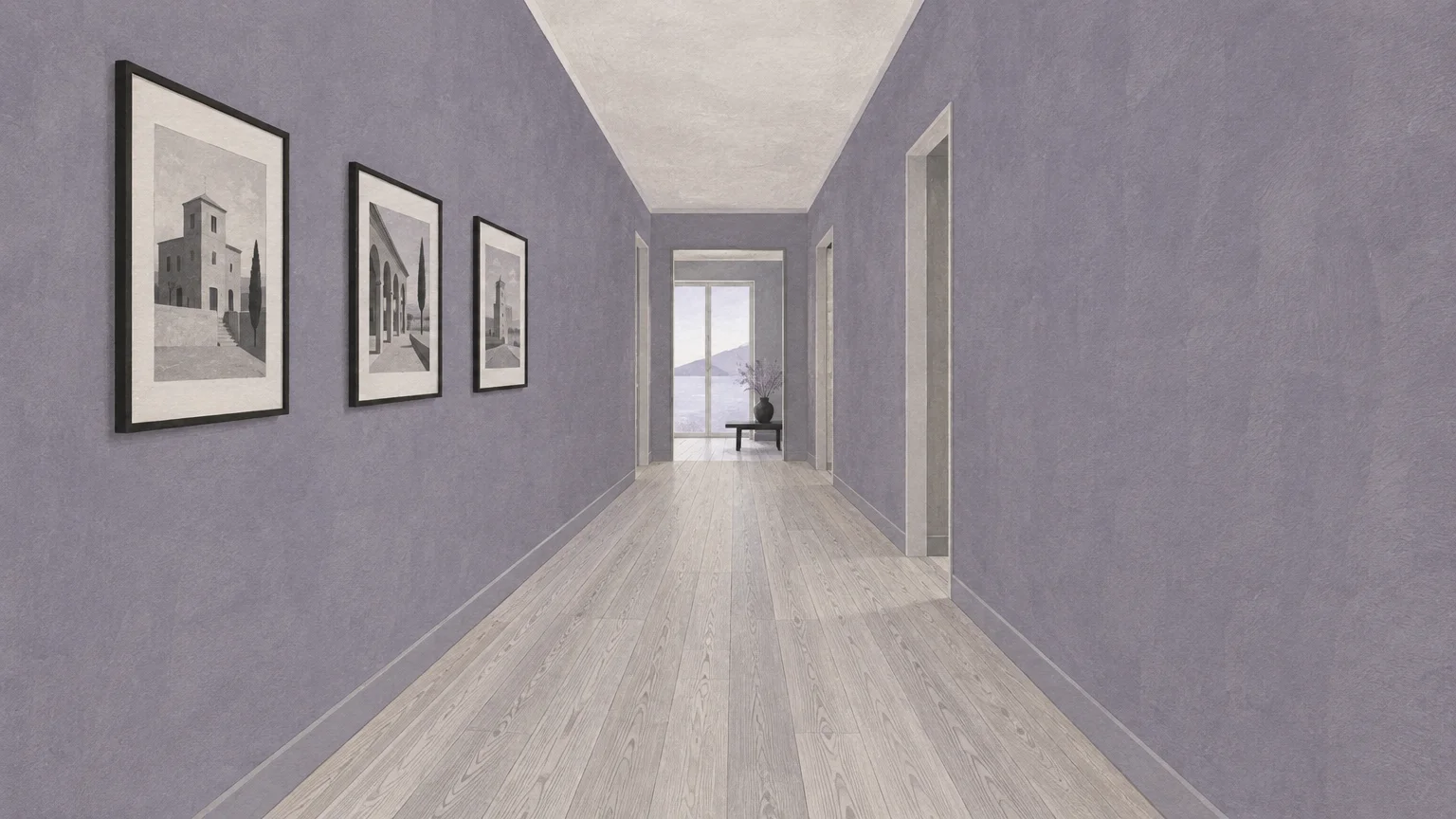 Long hallway with lavender-gray walls, framed architectural sketches, wood flooring, and a view to a bright room.