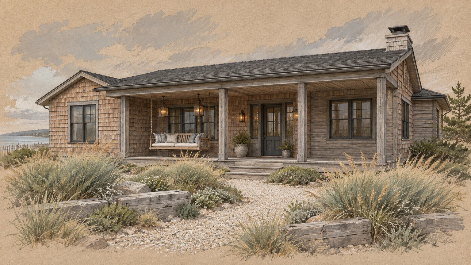 Illustration of a coastal ranch home with cedar shingle siding, a covered porch with a swing, and ornamental grasses.