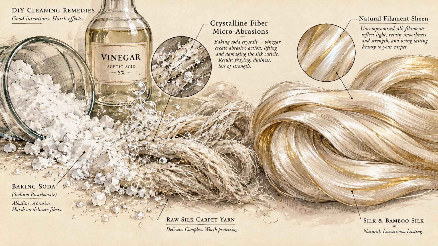 Diagram showing spilled baking soda, bottled vinegar, damaged carpet yarn with micro-abrasions, and pristine silk filaments.