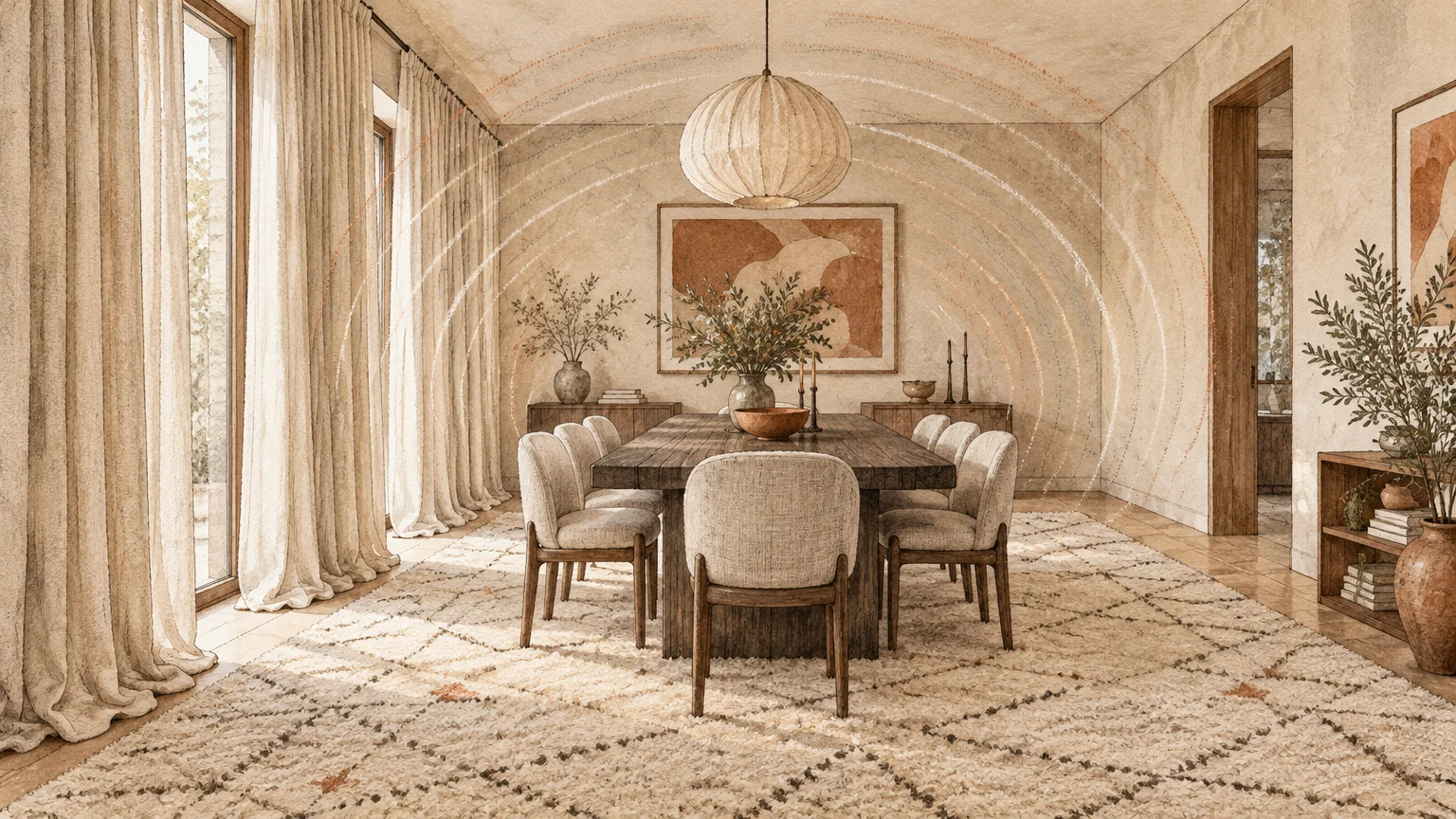 Illustration of a dining room with a thick rug, floor-to-ceiling drapery, and arched sound wave lines overhead.