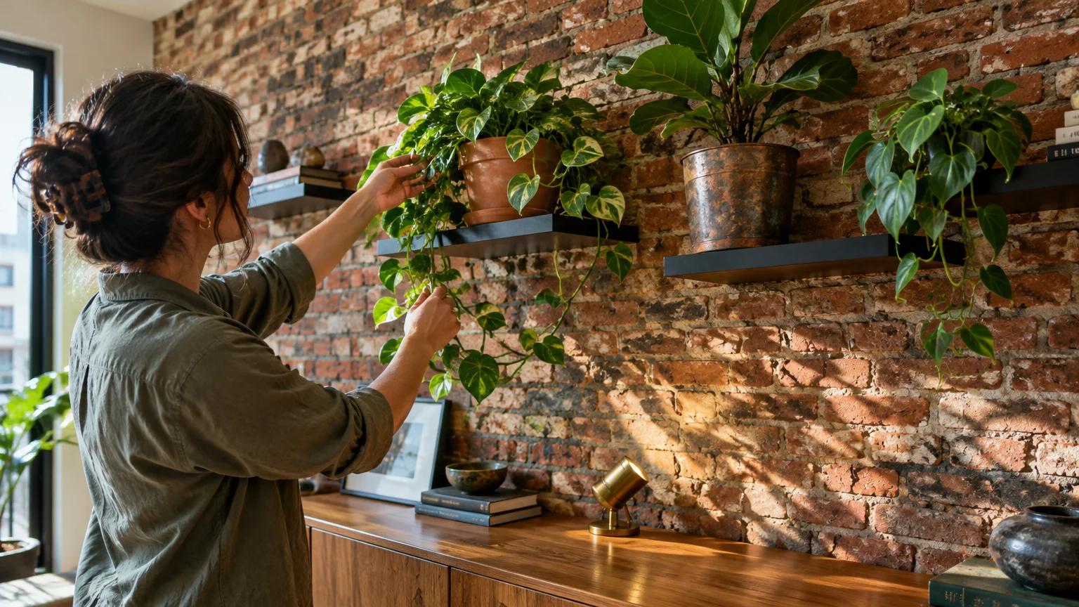 A woman tends to potted houseplants displayed on black floating shelves mounted to a rustic exposed brick wall.