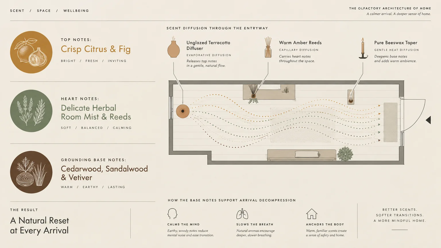 Floor plan diagram illustrating scent diffusion zones in an entryway with top, heart, and base fragrance notes.