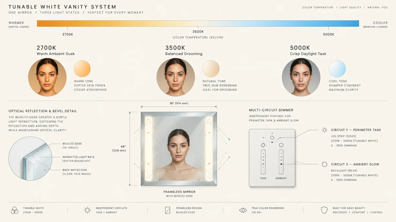 Diagram of a tunable white vanity system showing color temperatures from 2700K to 5000K, beveled mirror, and dimmer switch.