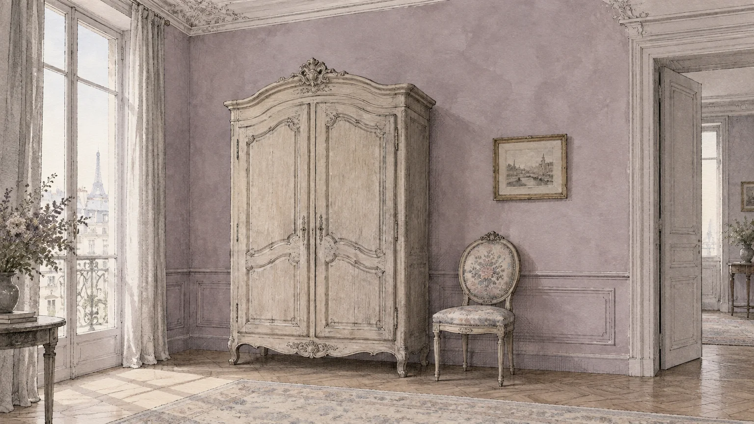 Illustration of a room with textured mauve walls, a French armoire, a floral upholstered chair, and balcony window.