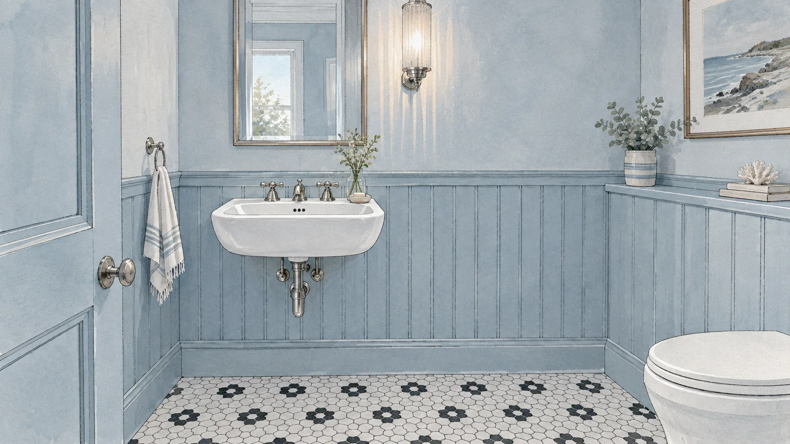 Illustration of a powder room with light blue walls and paneling, a wall-mounted sink, and black and white hexagon floor tiles.