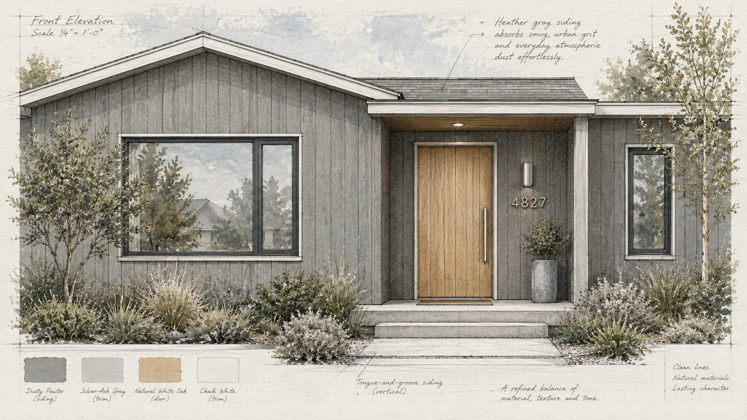 Architectural elevation sketch of a modern home with vertical gray siding, light wood front door, and color swatches.