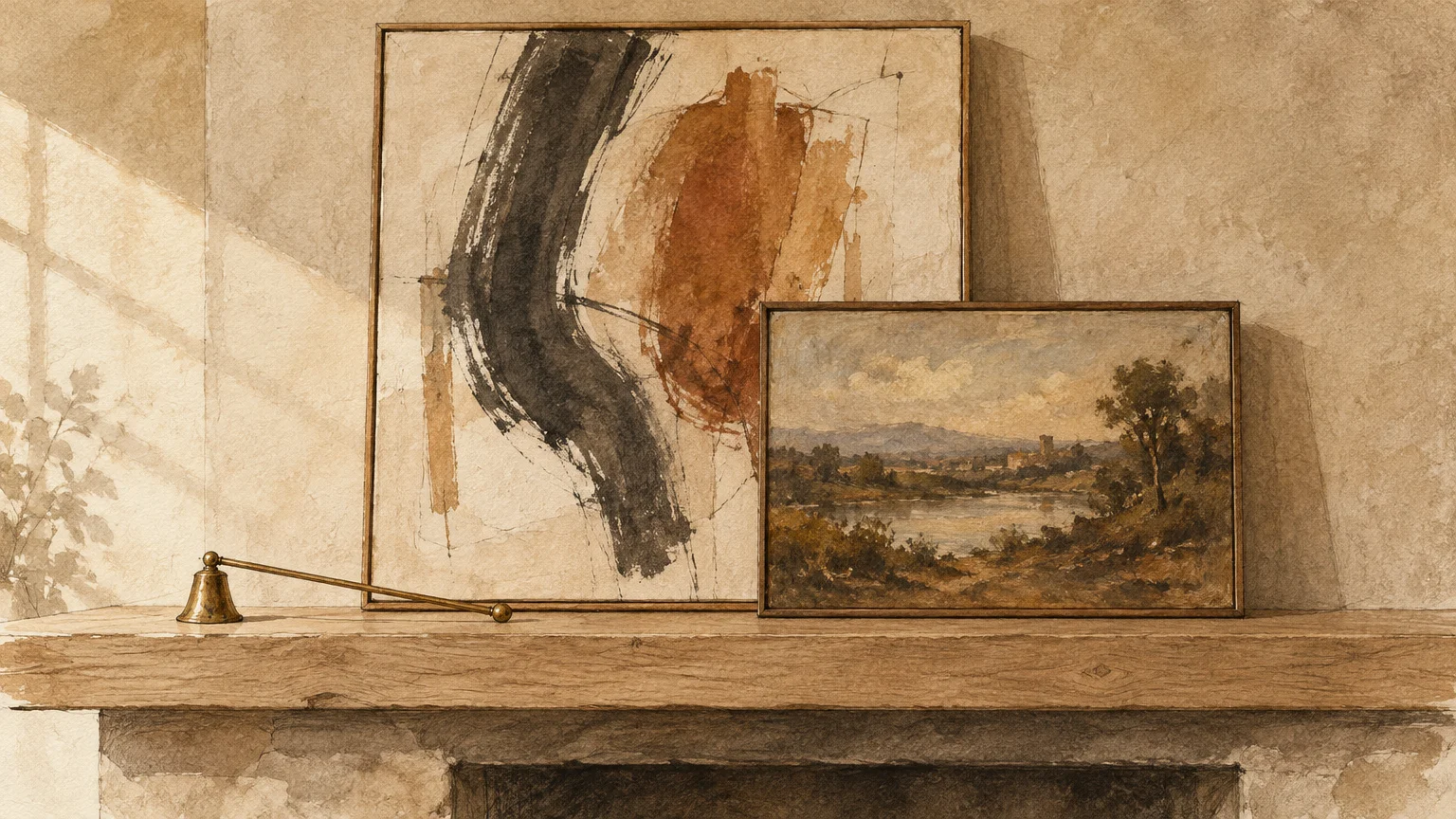 Watercolor illustration of a landscape painting layered over an abstract canvas and a candle snuffer on a rustic mantel.