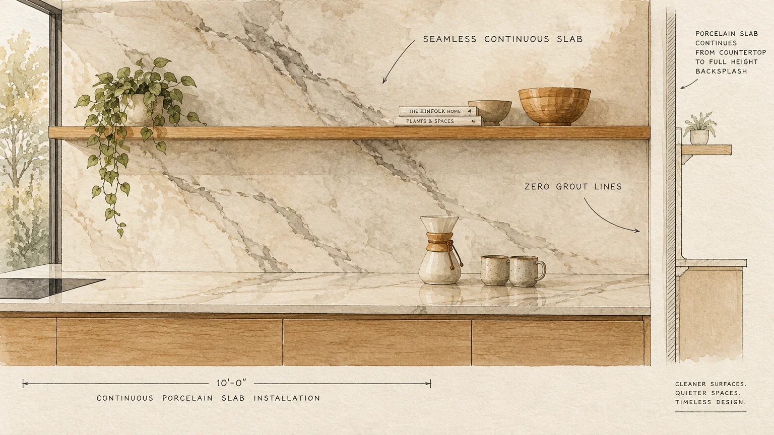 Architectural sketch of a marble-veined porcelain slab countertop and full-height backsplash with diagram labels.