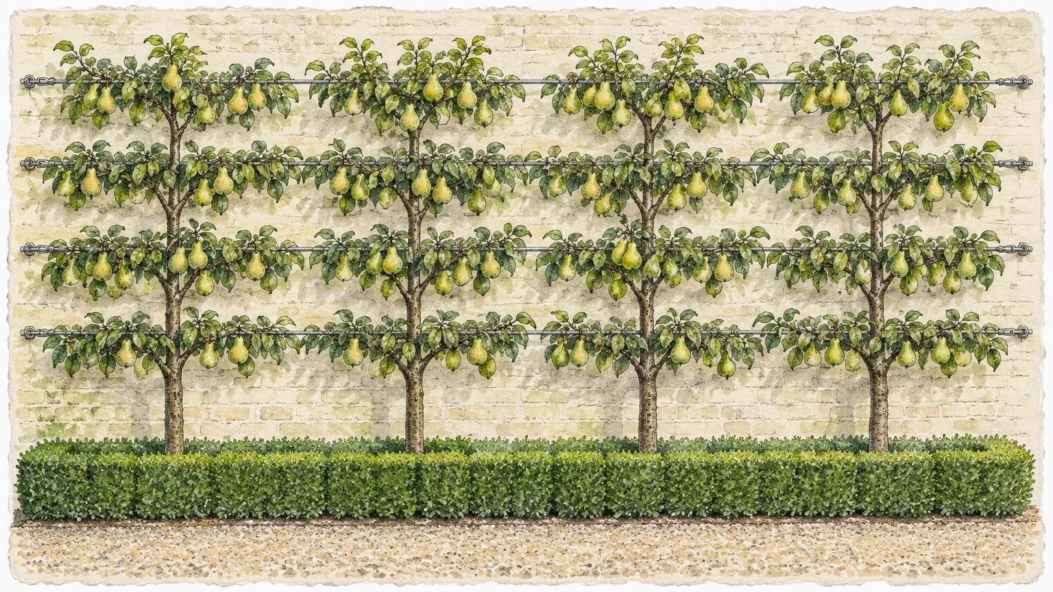 Illustration of four espaliered pear trees bearing fruit on horizontal wire cables against a pale brick wall.