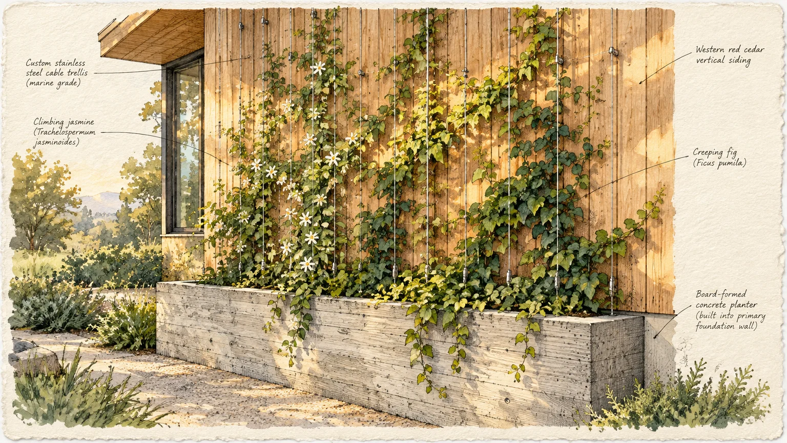 Watercolor sketch of a board-formed concrete planter with climbing vines on a wire trellis against a cedar wall.
