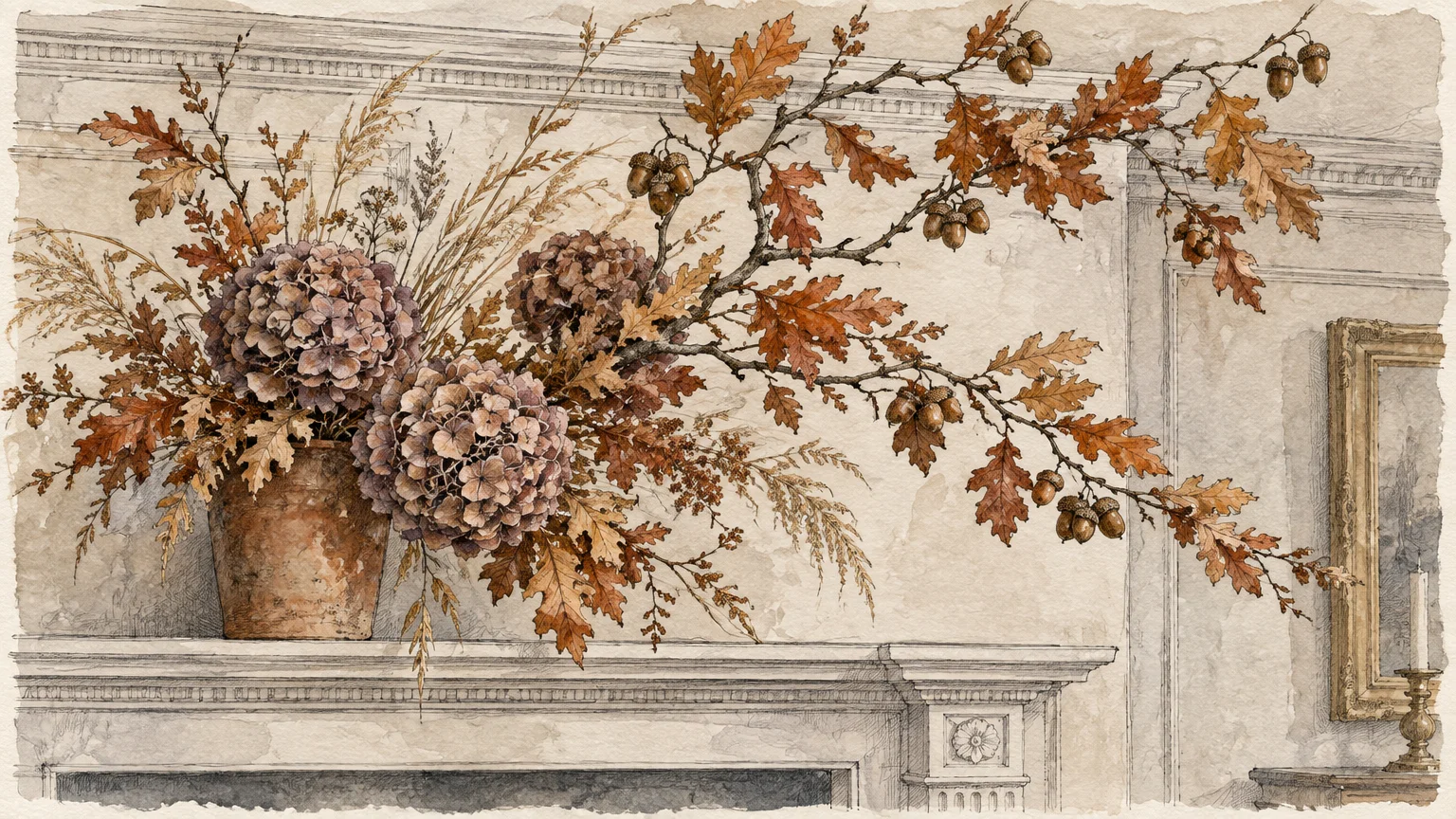 Watercolor illustration of dried hydrangeas and leafy oak branches with acorns arranged in a pot on a classic mantelpiece.