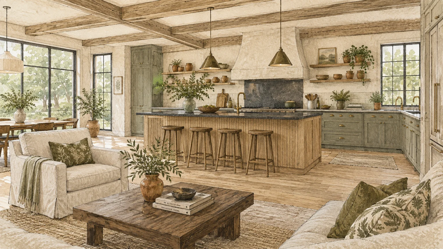 Open kitchen and living room sketch with green cabinets, a wood island, exposed ceiling beams, and plush seating.