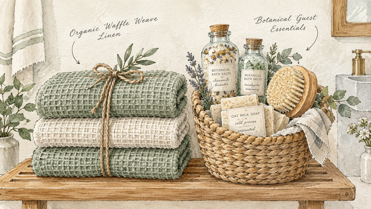 Watercolor illustration of folded waffle-weave towels tied with twine beside a woven basket of soaps and bath salts.