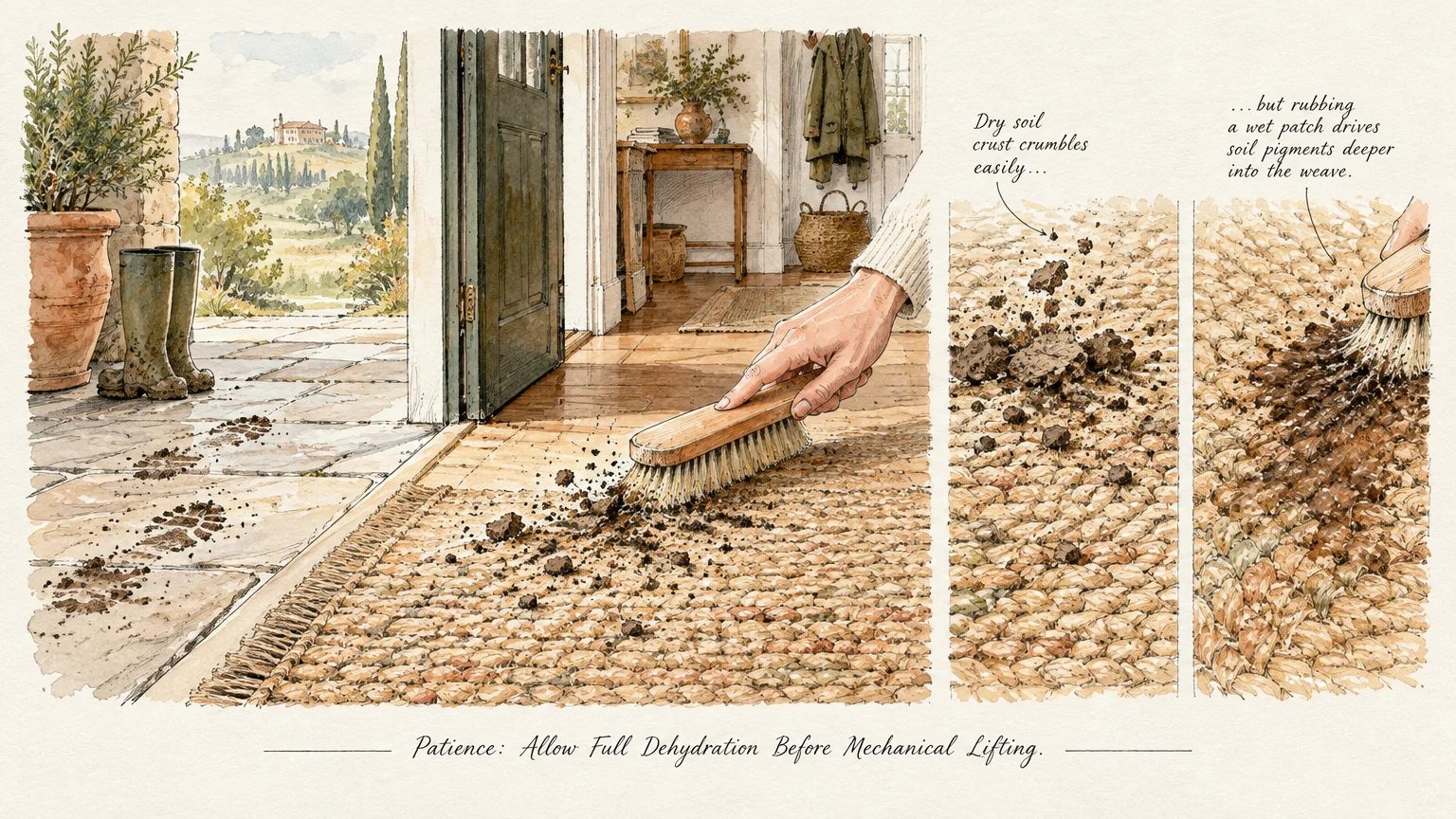 Illustration of muddy bootprints leading inside, brushing crumbled dry soil from a woven rug versus smearing wet mud.