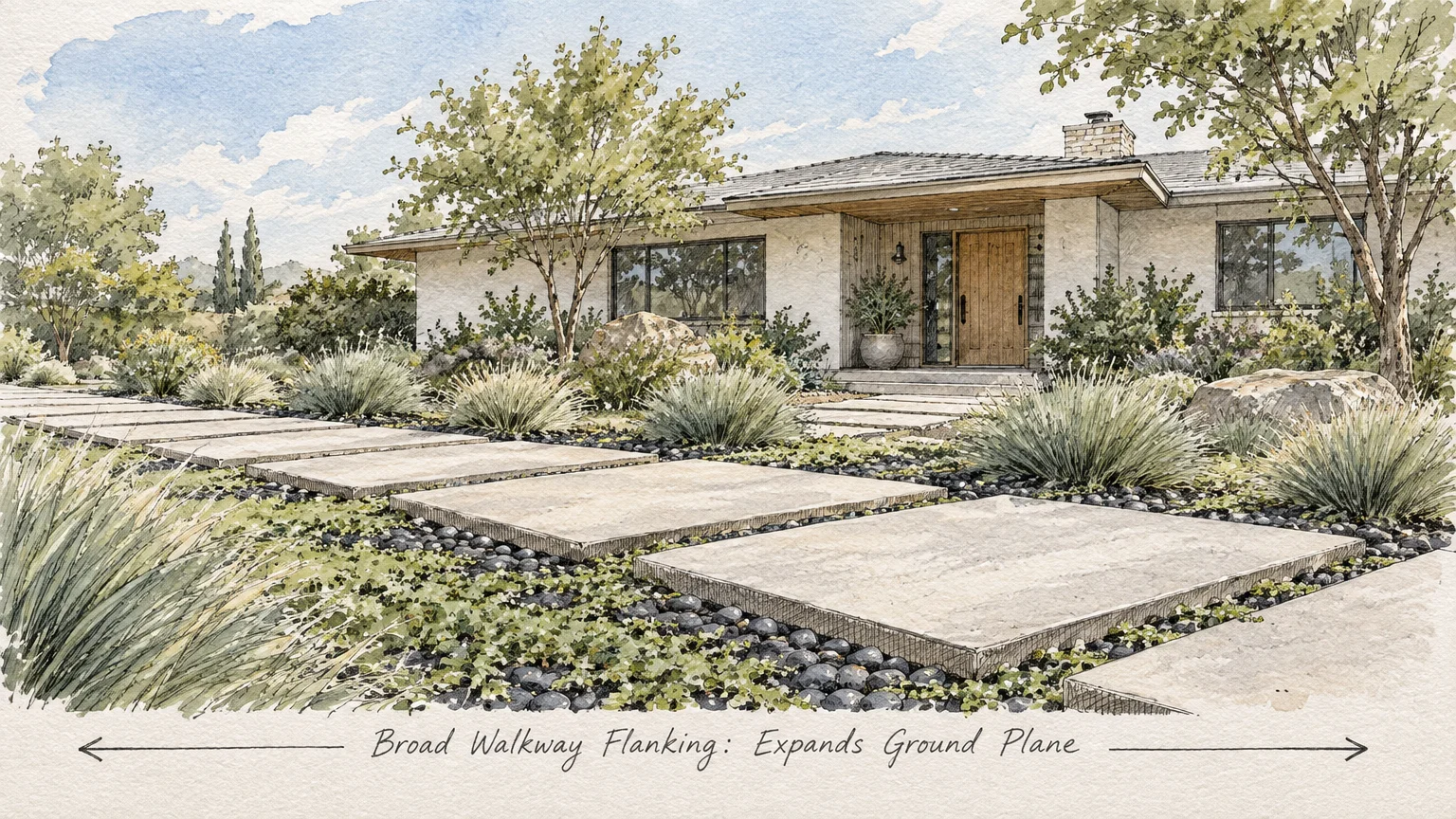 Watercolor illustration of a modern ranch home fronted by wide, rectangular stone paver steps through landscaped grasses.