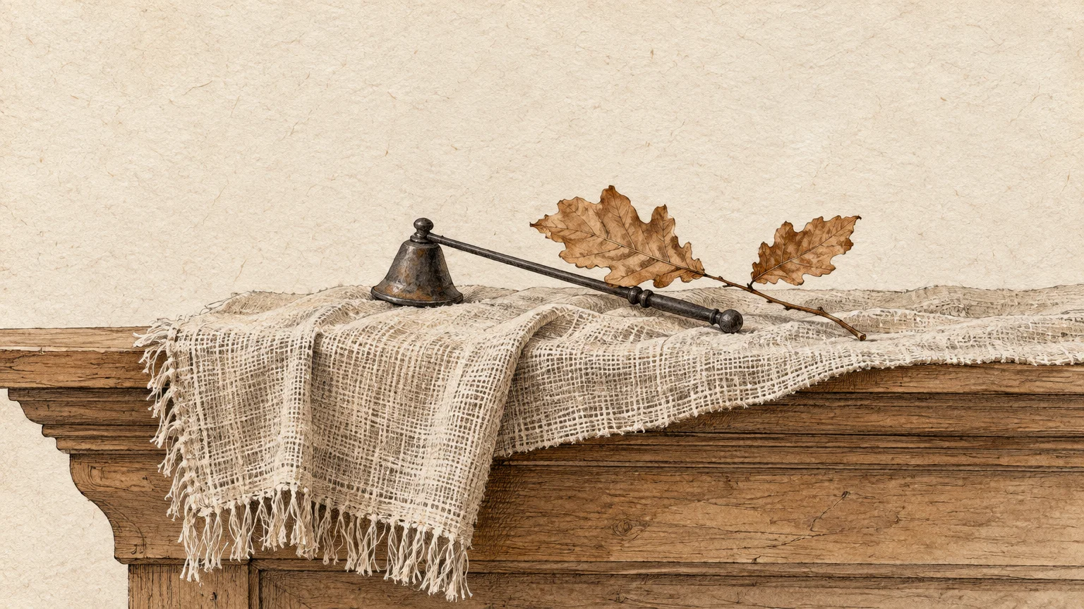 Illustration of a fringe runner on a wooden mantelpiece with a metal candle snuffer and dried oak leaves.