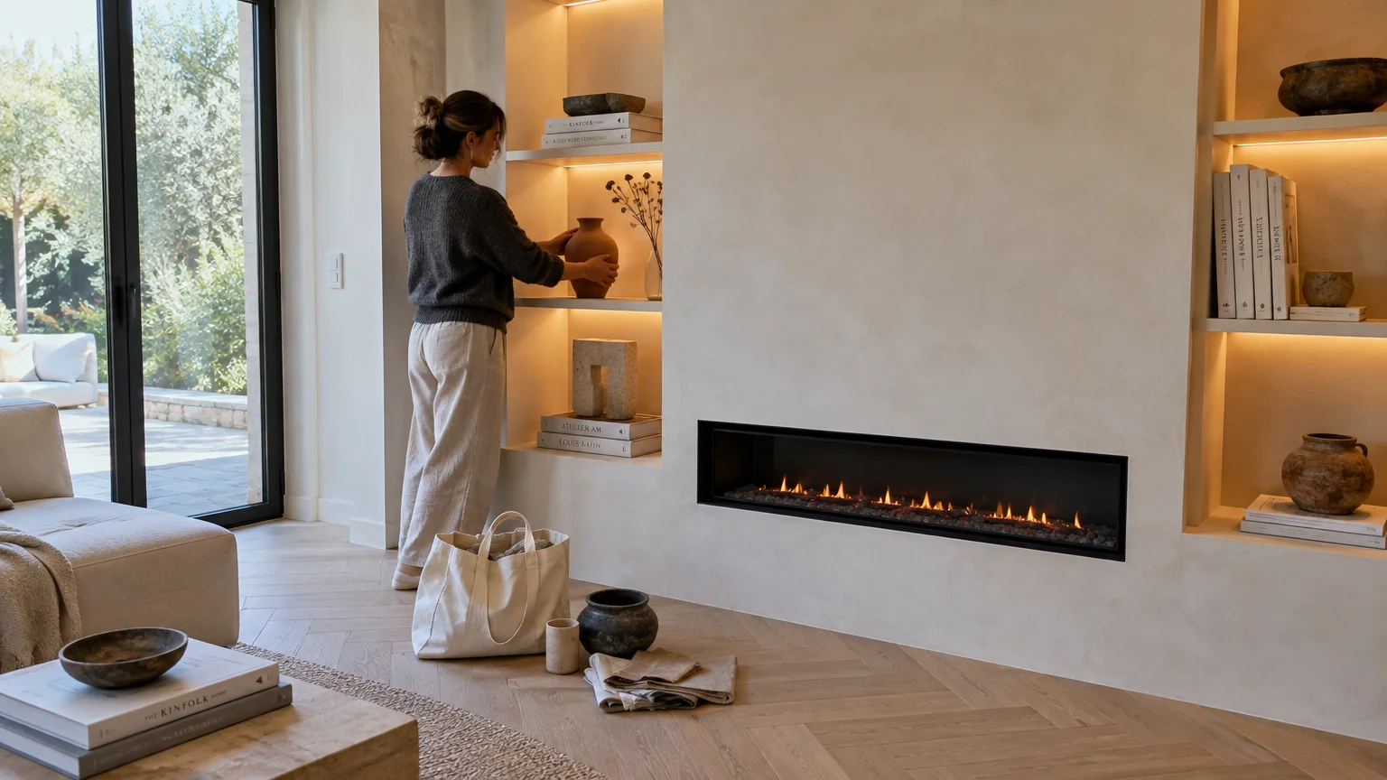 A woman places a ceramic vase onto illuminated built-in wall shelves beside a modern linear inset fireplace.