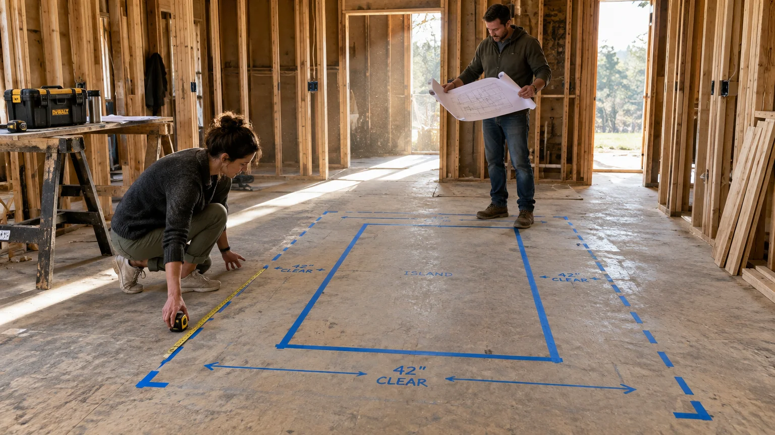 Woman measuring blue tape kitchen island layout on a subfloor while a man reviews blueprints in a framed house.