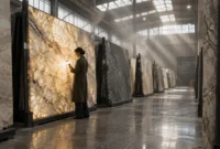 Woman shining a small light against a large, glowing stone slab in a warehouse filled with marble slabs.