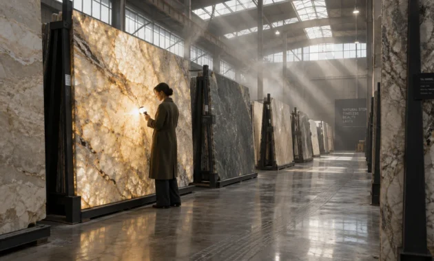 Woman shining a small light against a large, glowing stone slab in a warehouse filled with marble slabs.