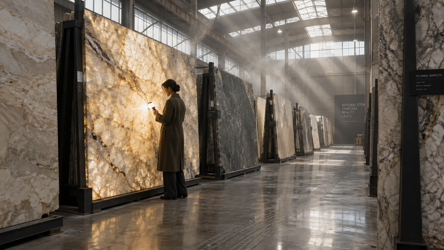 Woman shining a small light against a large, glowing stone slab in a warehouse filled with marble slabs.
