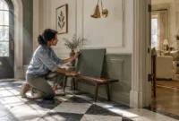 Woman kneeling on a checkerboard tile floor holding a dark green paint board against a sage wainscoted wall.