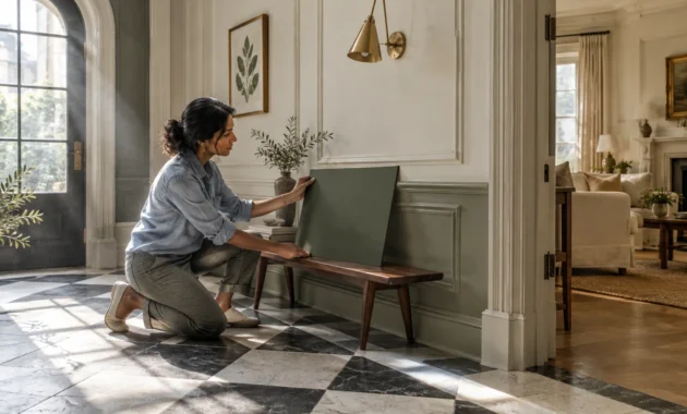 Woman kneeling on a checkerboard tile floor holding a dark green paint board against a sage wainscoted wall.