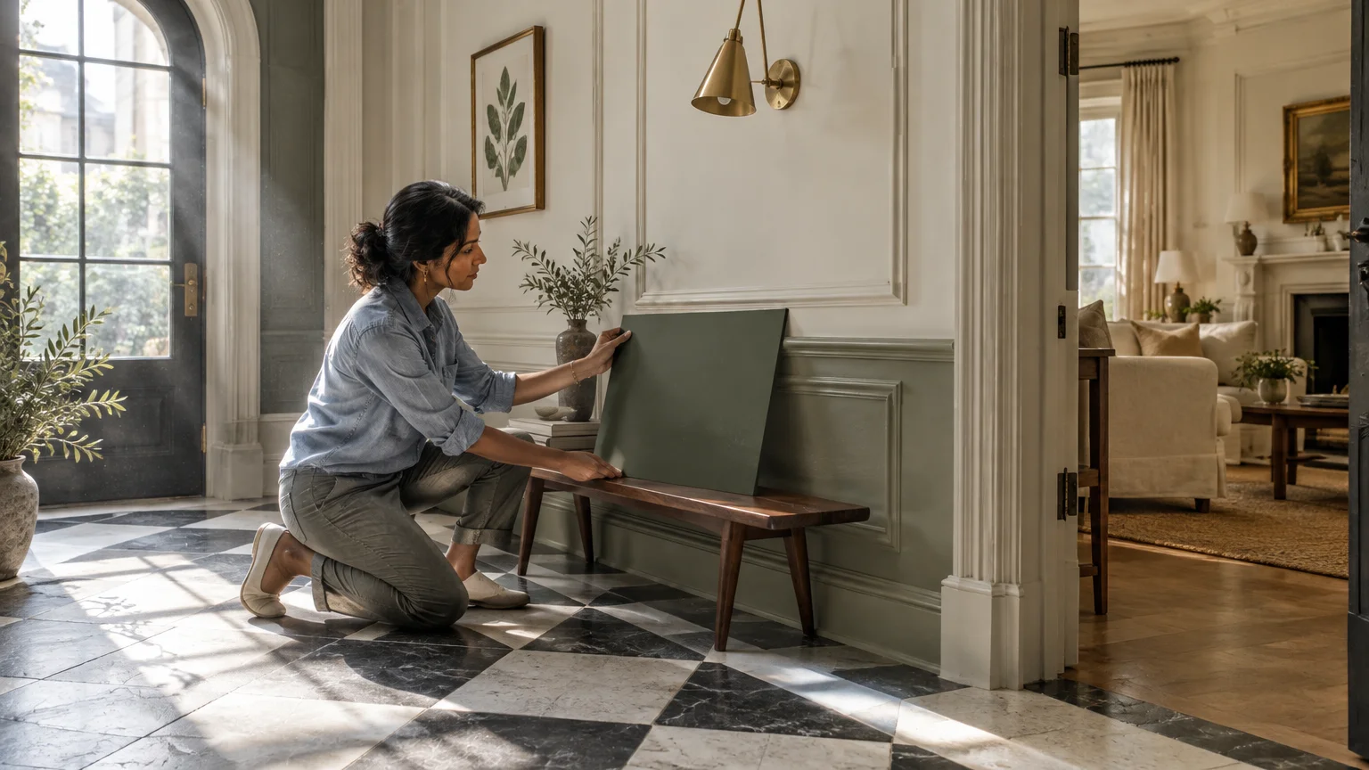 Woman kneeling on a checkerboard tile floor holding a dark green paint board against a sage wainscoted wall.