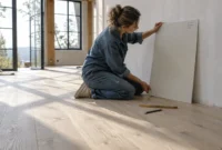 A woman kneels on light oak wood flooring, holding a large paint sample board against an unfinished wall.