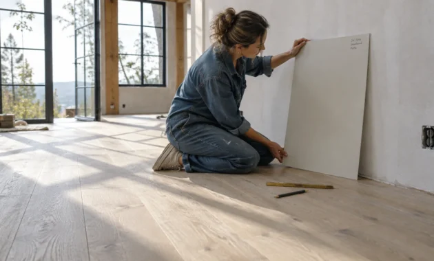 A woman kneels on light oak wood flooring, holding a large paint sample board against an unfinished wall.