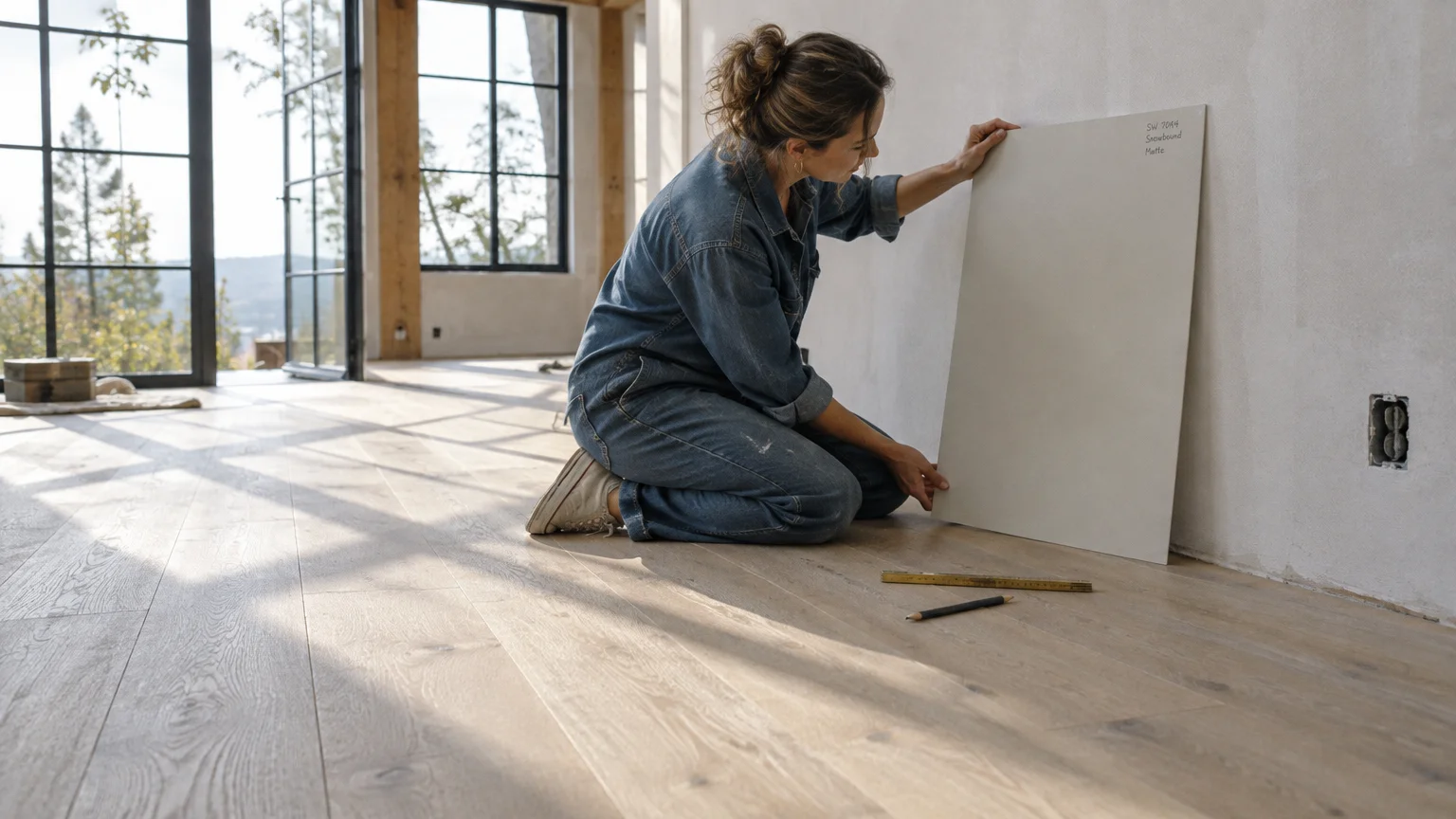 A woman kneels on light oak wood flooring, holding a large paint sample board against an unfinished wall.